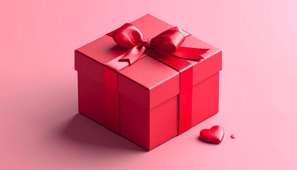 Fototapeta premium A red gift box with a matching bow sits on a pink surface with a heart. A small heart and dot are near it
