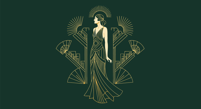 Elegant woman in gold art deco style dress on dark background