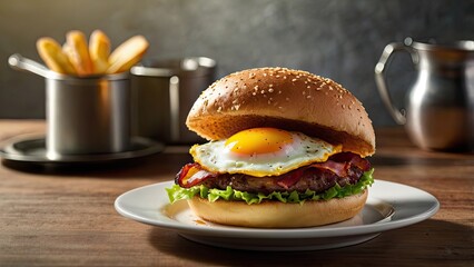 burger and fries, Breakfast burger with fried egg