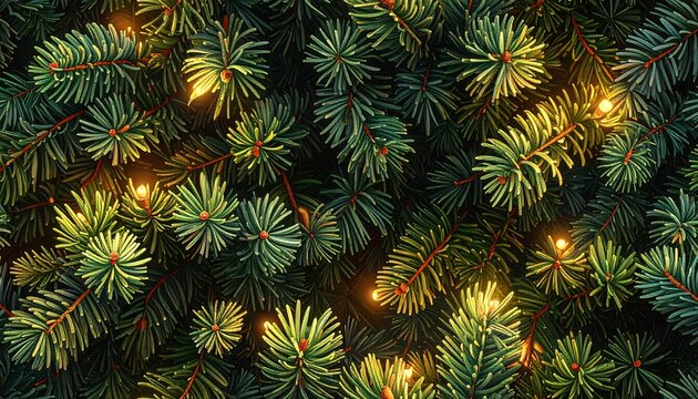 Close-up of lush evergreen foliage, illuminated by warm, twinkling lights. A textured backdrop perfect for festive season