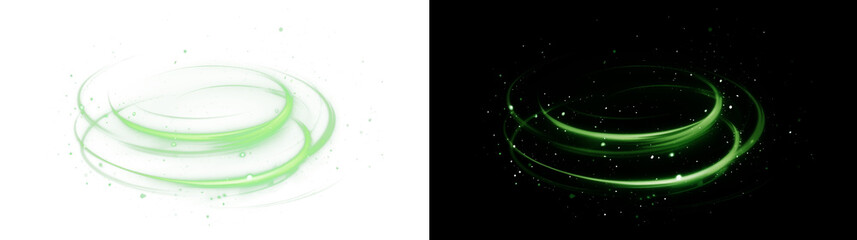 Naklejka premium Green Wind Swirl Energy Ring with Leaves and Particles, Transparent and Black Background Versions