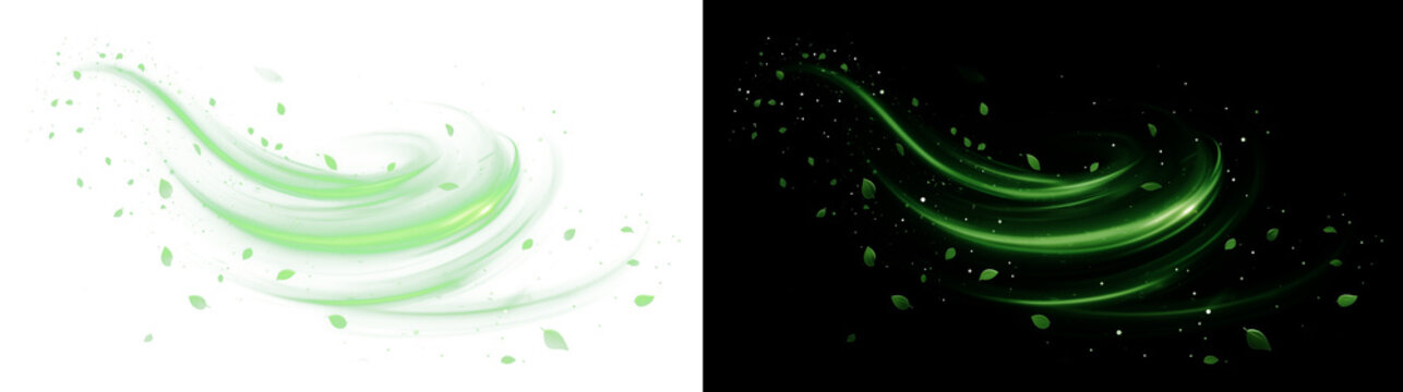 Green Nature Energy Swirl Splash with Leaves, Transparent and Black Background Versions