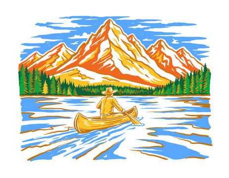Mountain lake canoeing illustration. Outdoor adventure vintage artwork. Nature exploration graphic design. Wilderness camping t-shirt design. Keep nat