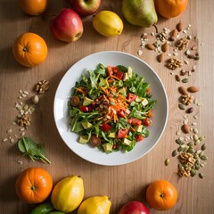 Healthy Salad Bowl with Fruits, Vegetables, and Nuts on Wooden Table