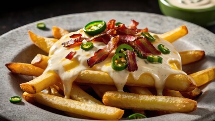 French fries topped with melted cheese, creamy sauce drizzle