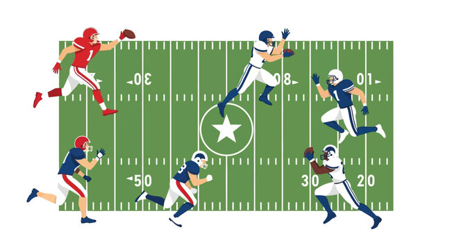 American football game illustration with players in red and blue uniforms on a green field with yard lines and a star logo.
