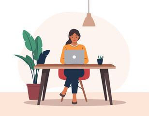 Fototapeta premium flat vector illustration of a young woman working on laptop at minimalist desk