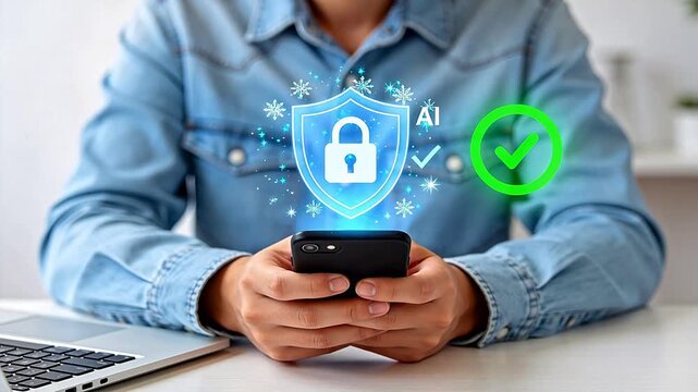 Person using smartphone with AI security graphic