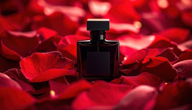 FlyPro Firefly Sleek Dark Glass Perfume Bottle with Minimalist Label Among Red Rose Petals