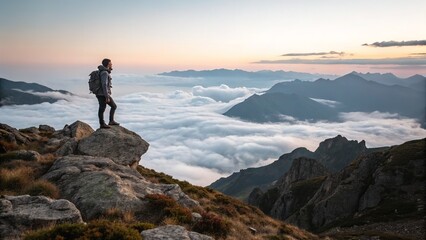 Fototapeta premium A lone hiker stands on a rocky mountain peak overlooking a breathtaking landscape of clouds and mountains at sunrise