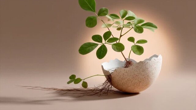 Young plant sprouts from eggshell on neutral backdrop