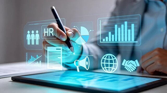 Person interacting with holographic business data interface