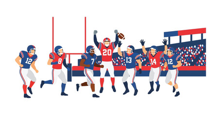 Obraz premium American football players celebrating victory on a field with stadium stands and goalposts in the background.