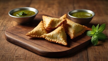 Golden crispy samosas with mint and tamarind chutney, wooden board, soft warm lighting