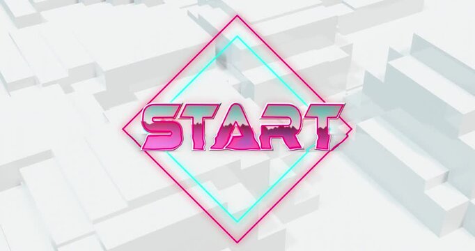 Animation of start text over neon banner against 3d concentric shapes in seamless pattern