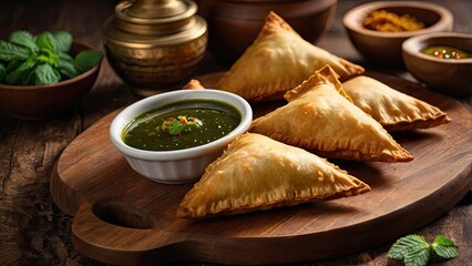 Golden crispy samosas with mint and tamarind chutney, wooden board, soft warm lighting