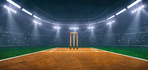 Naklejka na ściany i meble Cricket field at a sports stadium in foggy weather with shining floodlights and fans ready for an upcoming nighttime sports event.