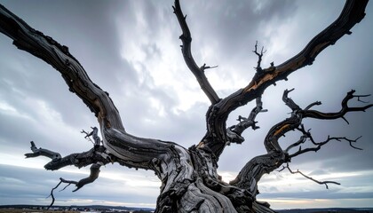 Gnarled, petrified branches reaching towards an empty sky, captured with a professional FlyPro Firefly camera, featuring dramatic overcast lighting.
