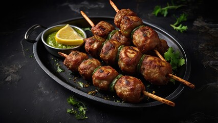 grilled chicken wings, Grilled kebabs with onion rings, lemon slices, green chutney, smoky BBQ effect, dark background, dramatic food