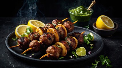 Grilled kebabs with onion rings, lemon slices, green chutney, smoky BBQ effect, dark background, dramatic food