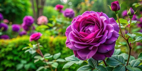 Fototapeta premium A vibrant purple rose in full bloom, surrounded by lush green foliage and other roses in various stages of growth, creating a serene and beautiful garden scene.