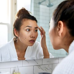 Woman Examining Face in Mirror with Concern - Skincare Routine and Acne