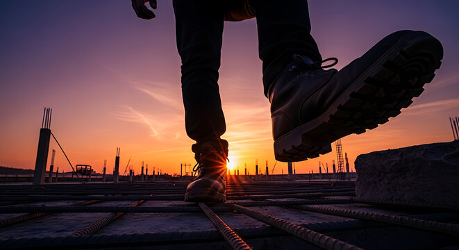 Construction worker walking on a rebar grid at sunset with sunbeams illuminating the scene