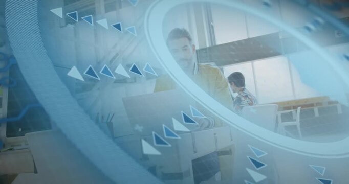 Animation of arrows in radar, circuit board pattern over caucasian man working of laptop in office