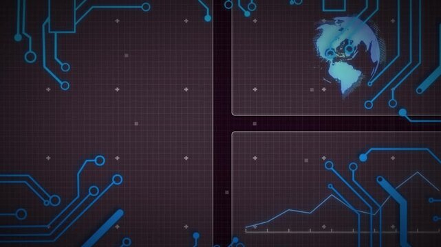 Animation of circuit board pattern over globe and computer language against black background