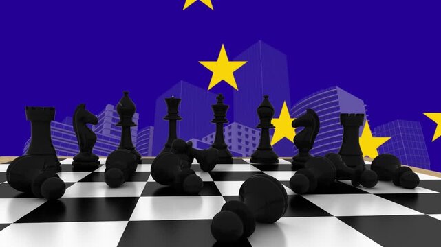 Animation of chess piece on chess board, european union flag and buildings against blue background