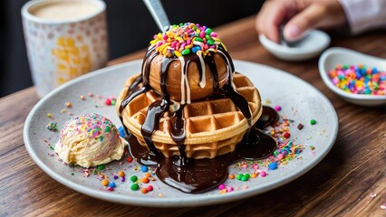 chocolate ice cream, chocolate cake on a plate, waffle with ice cream scoop, chocolate drizzle, colorful sprinkles