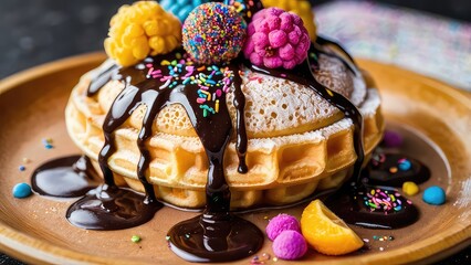 chocolate ice cream, chocolate cake on a plate, waffle with ice cream scoop, chocolate drizzle, colorful sprinkles
