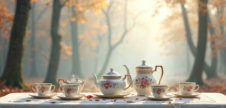 Elegant vintage tea set rests on table in misty autumn forest. Sunlight filters through trees illuminating fallen orange leaves. Cups and teapots display floral designs. Enjoying warm brew outdoors.