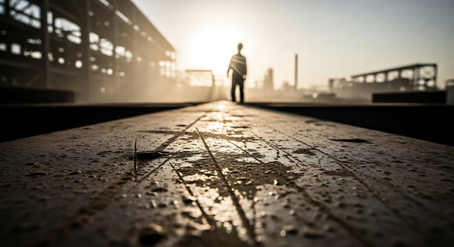 Silhouette of a lone figure standing in an industrial landscape at sunset, looking towards the sun