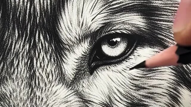 Charcoal drawing of a wolf comes to life with detailed strokes in creative workspace