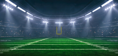 Naklejka premium American football field at a sports stadium in foggy weather with shining floodlights and fans ready for an upcoming nighttime sports event.