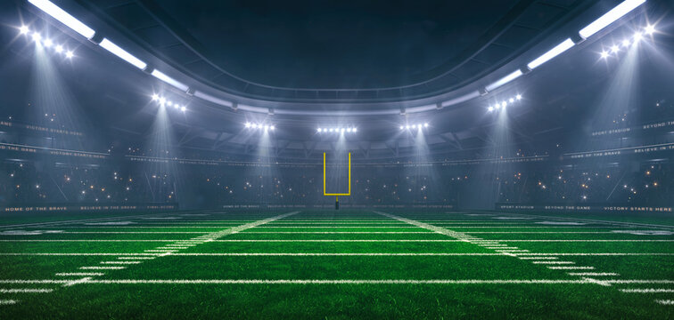 American football field at a sports stadium in foggy weather with shining floodlights and fans ready for an upcoming nighttime sports event.