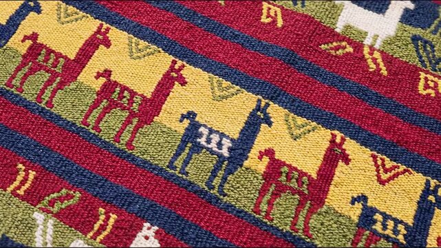 Vibrant regional textile from Peru displaying colorful traditional llama pattern, intricate woven details, and charming geometric design