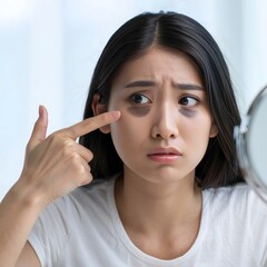 Woman Examining Dark Circles in Mirror - Skincare Concern and Self-Assessment