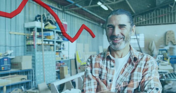 Animation of red graph processing over portrait of mature caucasian male carpenter in workshop