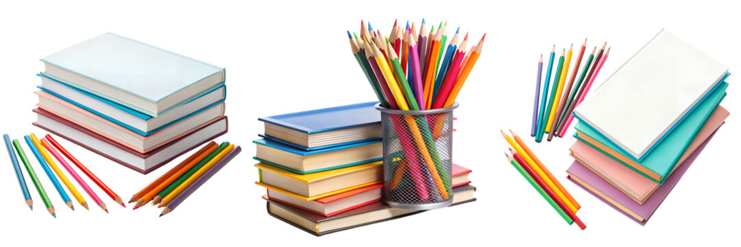 Set of a pencils in a container next to a stack of books isolated on a transparent background