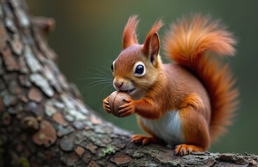 Obraz premium Small red squirrel sits on tree branch holding nut. Cute furry rodent gnaws food. Wildlife in forest nature habitat. Curious animal with fluffy tail.
