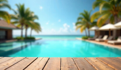 Fototapeta premium Empty wooden table with tropical resort background