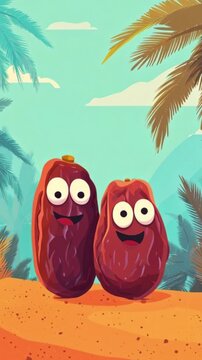 Two Happy Date Fruit Characters Standing in Tropical Oasis Desert