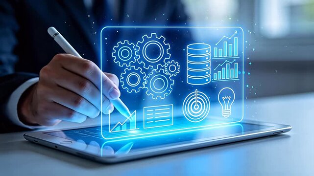 Person interacting with holographic data interface