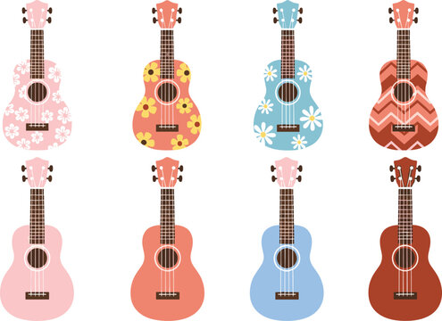 Colorful ukulele collection with floral and patterned designs flat vector illustration set isolated
