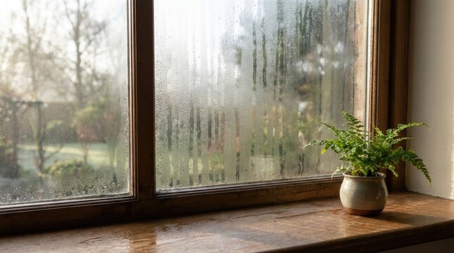 Selective focus on window condensation and wet frame concept. Cozy indoor scene featuring a fern and a misty window view.