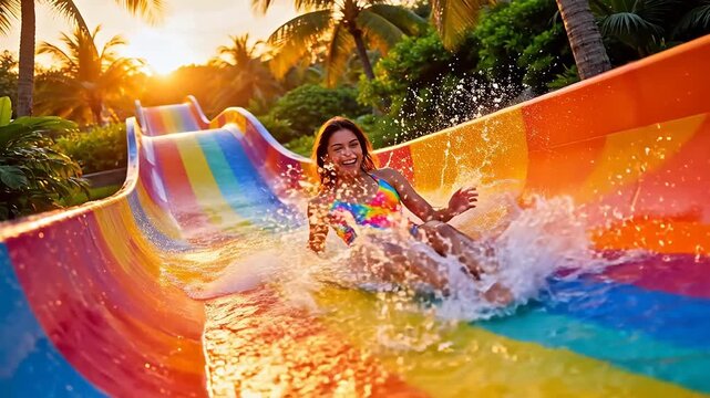Woman sliding down colorful water slide at sunset