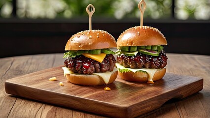 burger and fries, Three mini beef sliders with sesame buns, BBQ sauce glaze, lettuce and cheese layers, wooden serving board, soft natural light