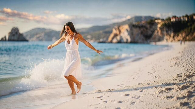 Woman White Dress Beach by Sea, Enjoying Summer, Happy Sand, Embracing Nature, Relaxation, Vacation, Carefree, Joyful Scene, Sunlight, Outdoor Freedom